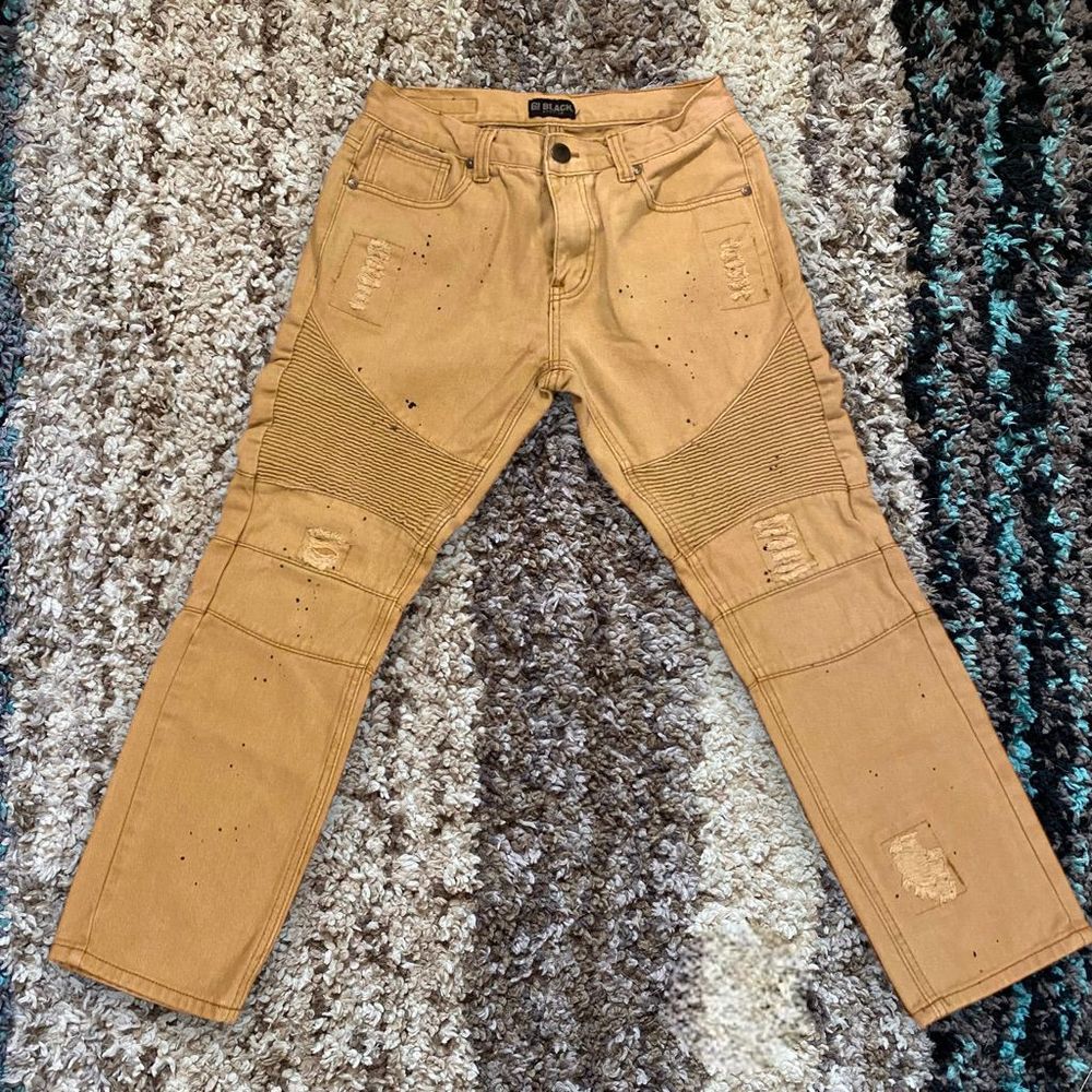 Men’s 30x30 Distressed Brown/Khaki Paint Splatter Slim Pants